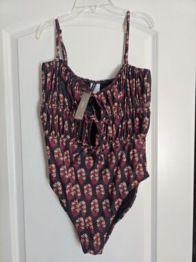 J Crew NEW NWT Black Pink One Piece Swimsuit High Leg Ties Pleated Orange Straps